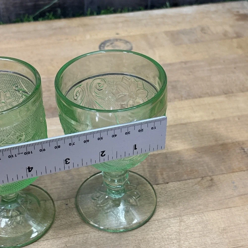 Vintage Tiara Indiana Glass Green Goblets Set of 2 Floral Pressed Glass Mixed
